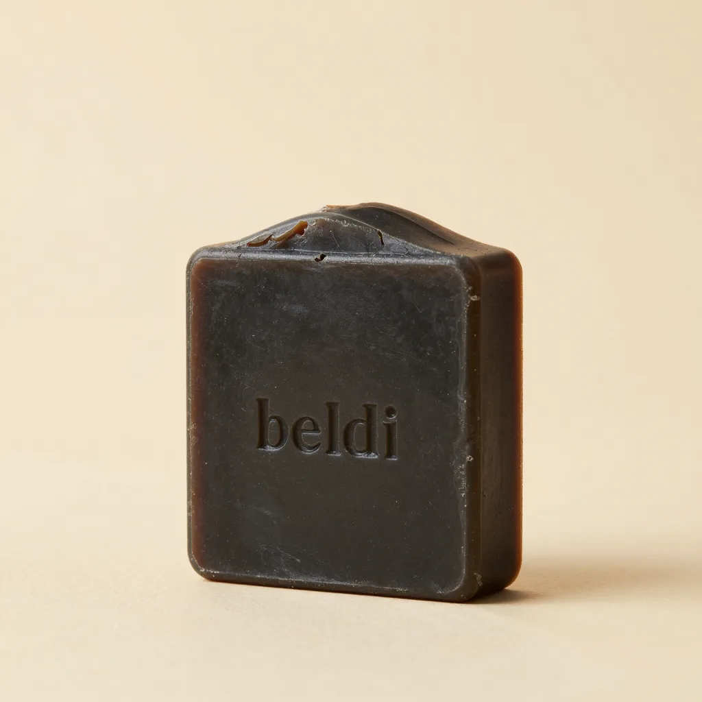 A jar of beldi black soap on a light background