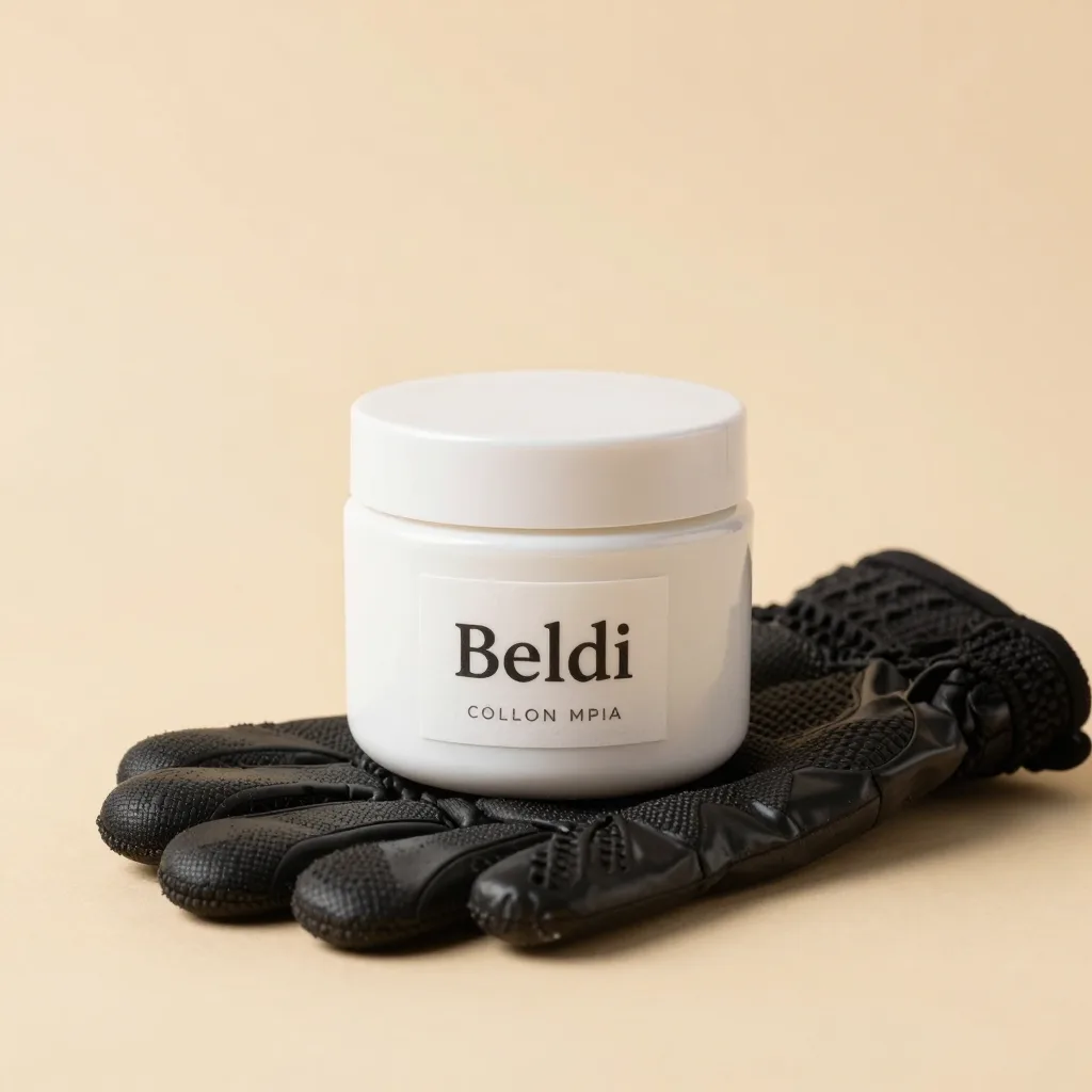 A beldi soap jar with a kessa glove on a light background