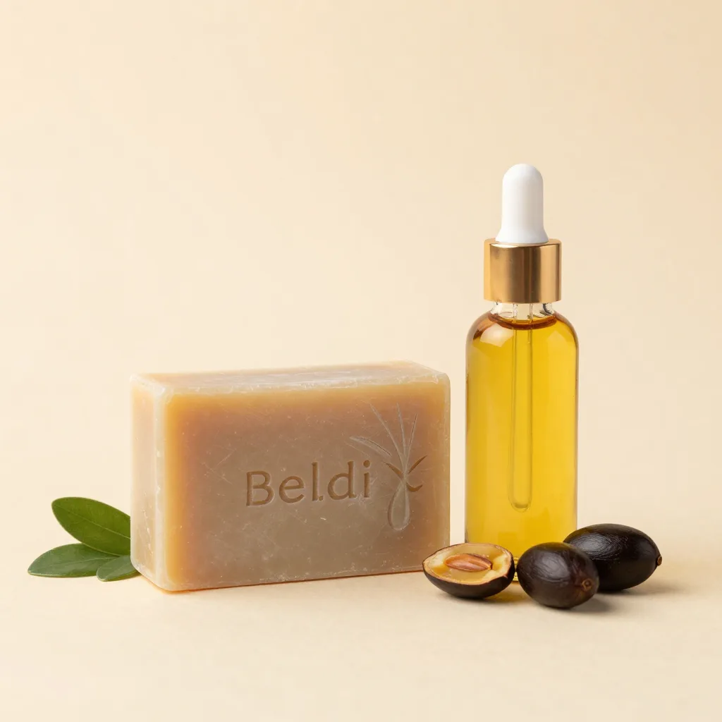 A beldi soap and argan oil set on a light background